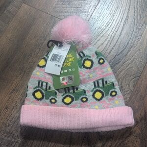 John Deere Kids Beanie with Pink and Gray Tractor Design